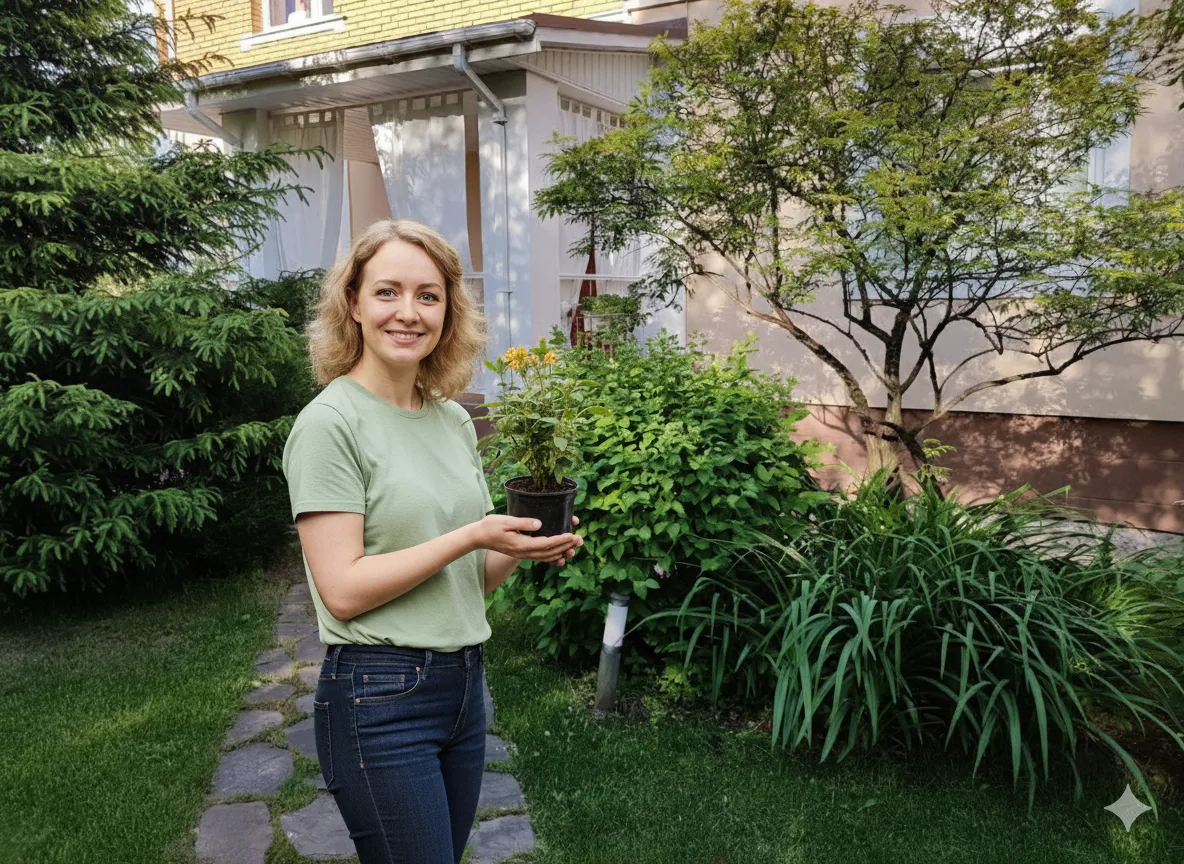 Oxana Bogdanova in a garden, holding a young plant