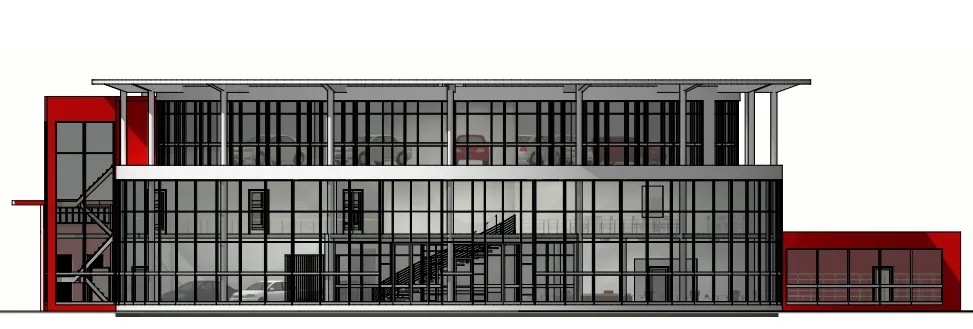 Sectional elevation of the car dealership — a glazed showroom with red accents
