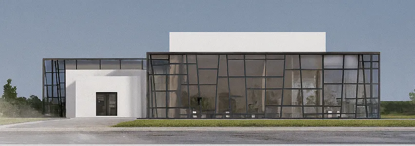 Visualization of the youth club — a glazed single-storey pavilion