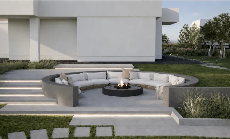Sunken circular fire-pit lounge in a hillside villa garden at dusk