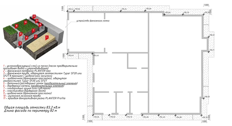 3D massing diagram and site plan of the built footprint (≈83 m²)