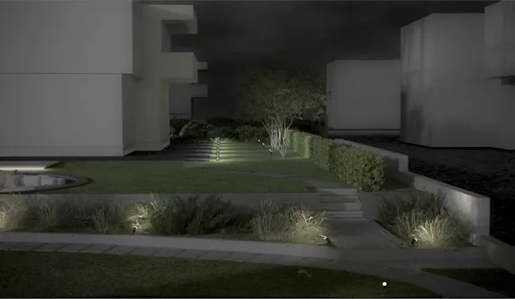 The garden at night, grasses lit from below