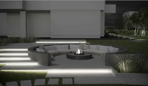 Sunken circular fire-pit lounge with curved seating, lit at dusk