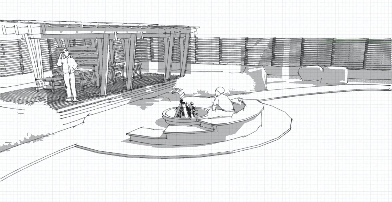 Pencil concept sketch of the sunken fire lounge, pergola and curved retaining wall