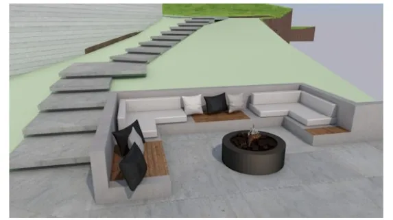 The curved sofa and fire pit with adjoining concrete stairs