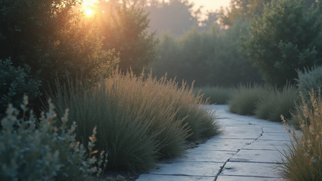 Ornamental grasses backlit at golden hour along a stone-paved garden path