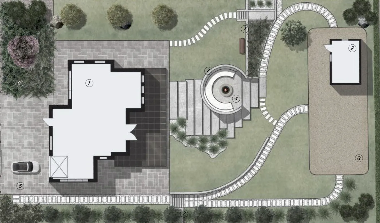 Top-down landscape masterplan with numbered zones