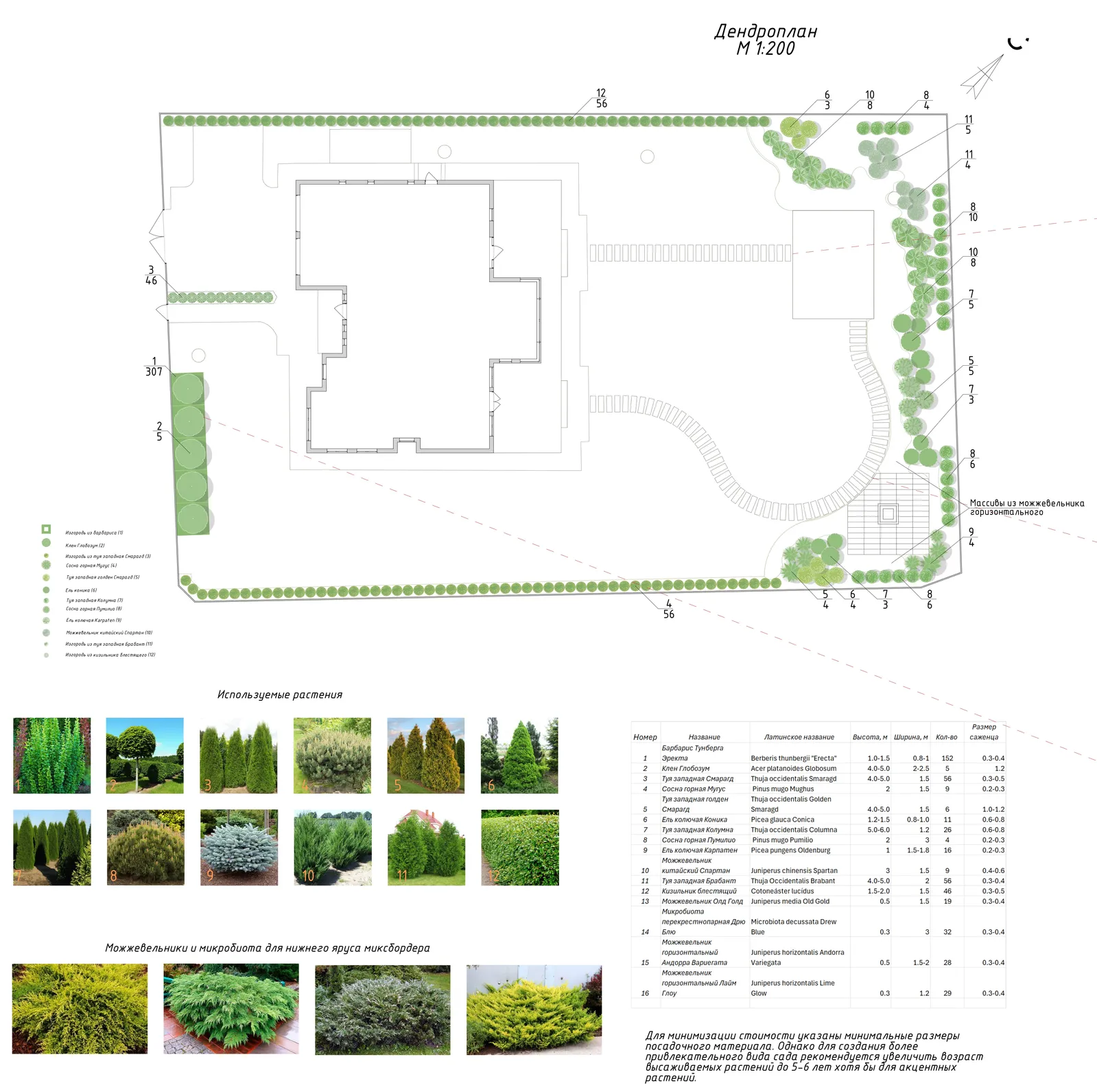 Dendroplan (planting plan) of the Quiet Harbor site at 1:200, with a keyed plant schedule