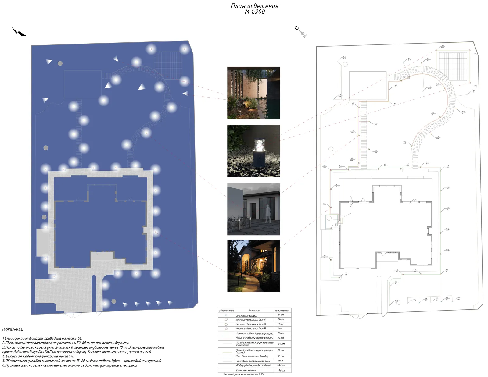 Lighting plan of the Quiet Harbor site at 1:200, with a night visualization