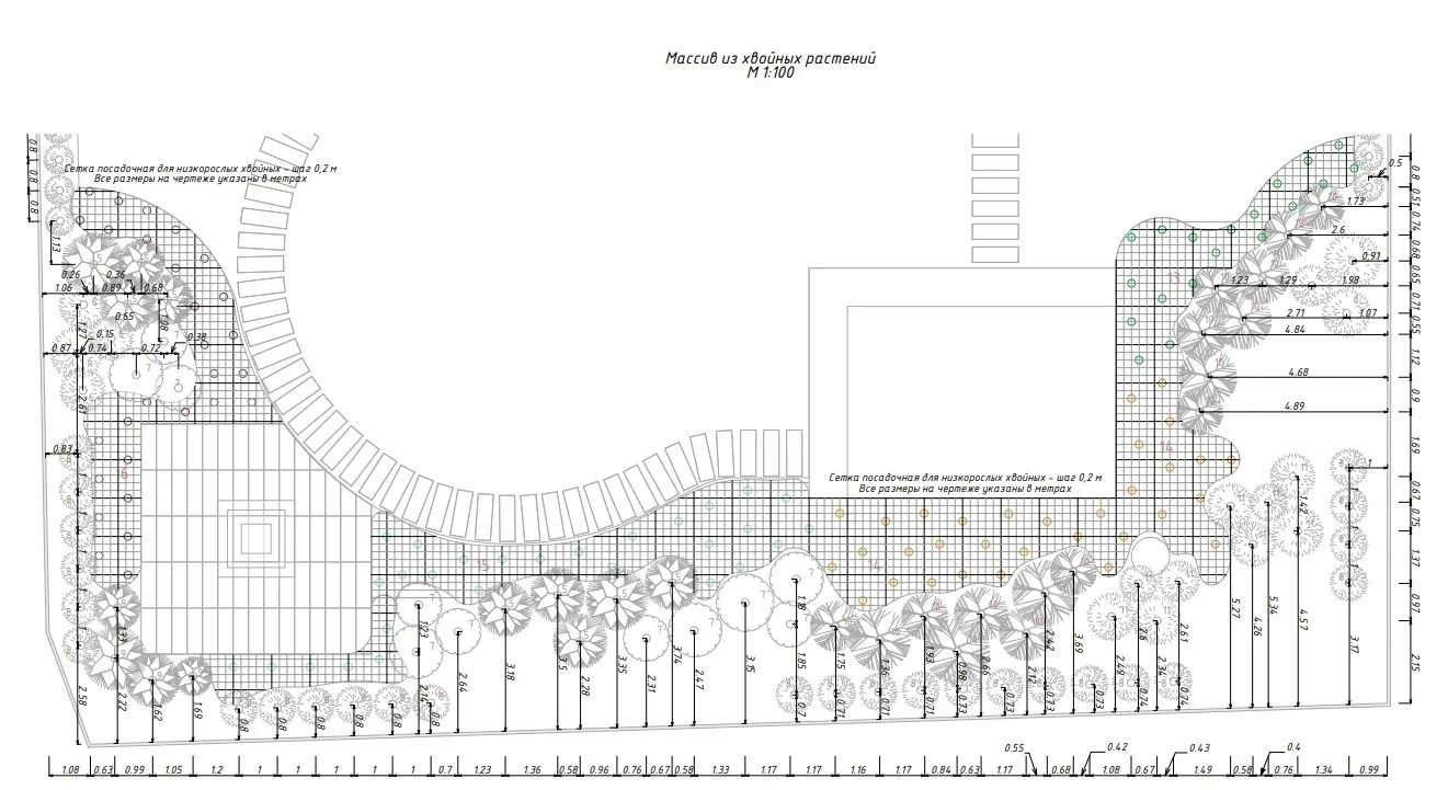 Detail drawing of a coniferous planting array at 1:100, with a planting grid