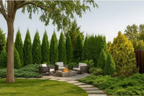 Visualization of a sheltered seating area among ornamental grasses and clipped evergreens