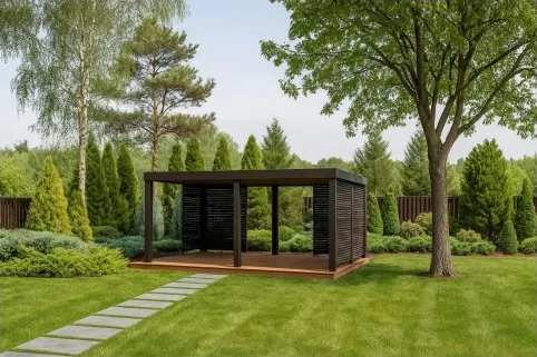 Visualization of a dark garden pavilion on a deck, set into the lawn