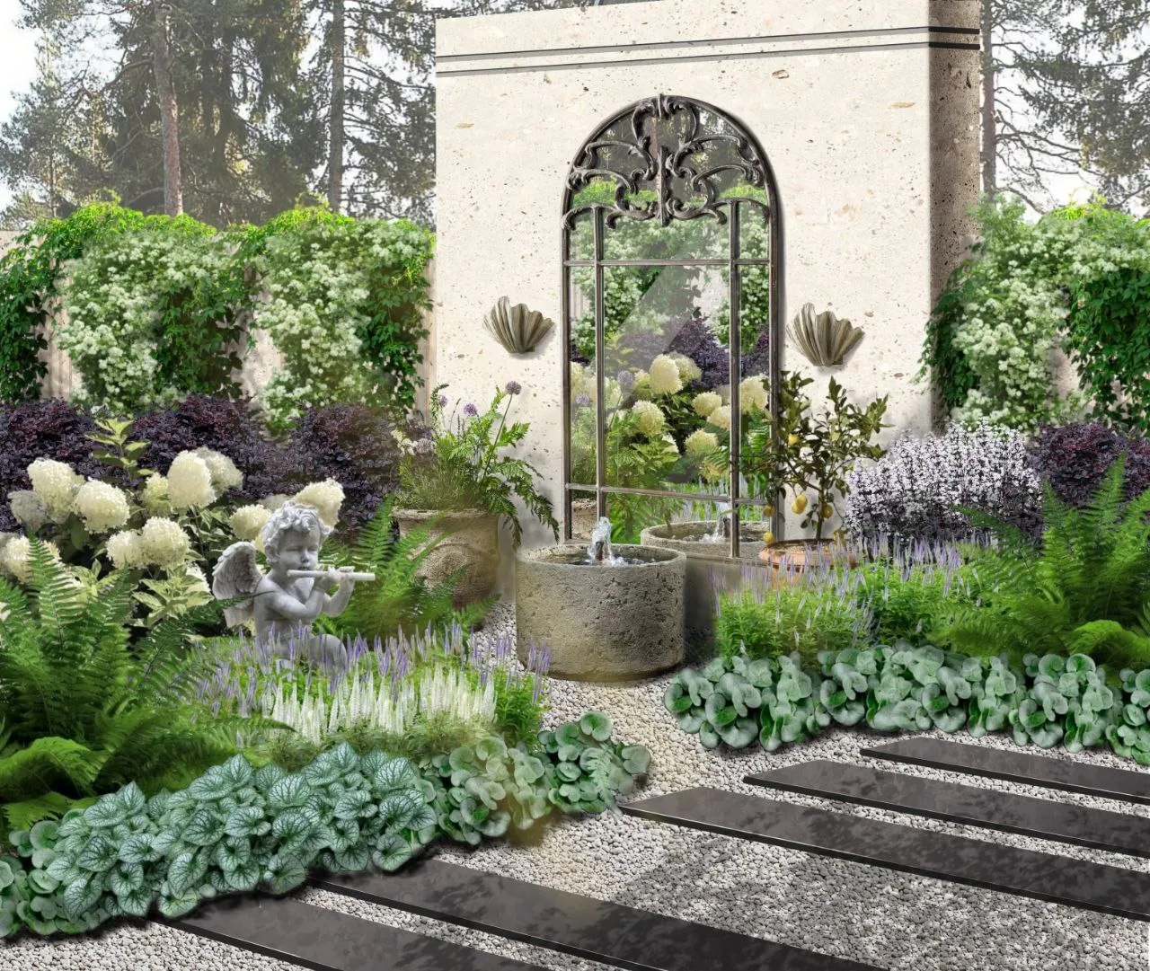 Formal courtyard — wall fountain